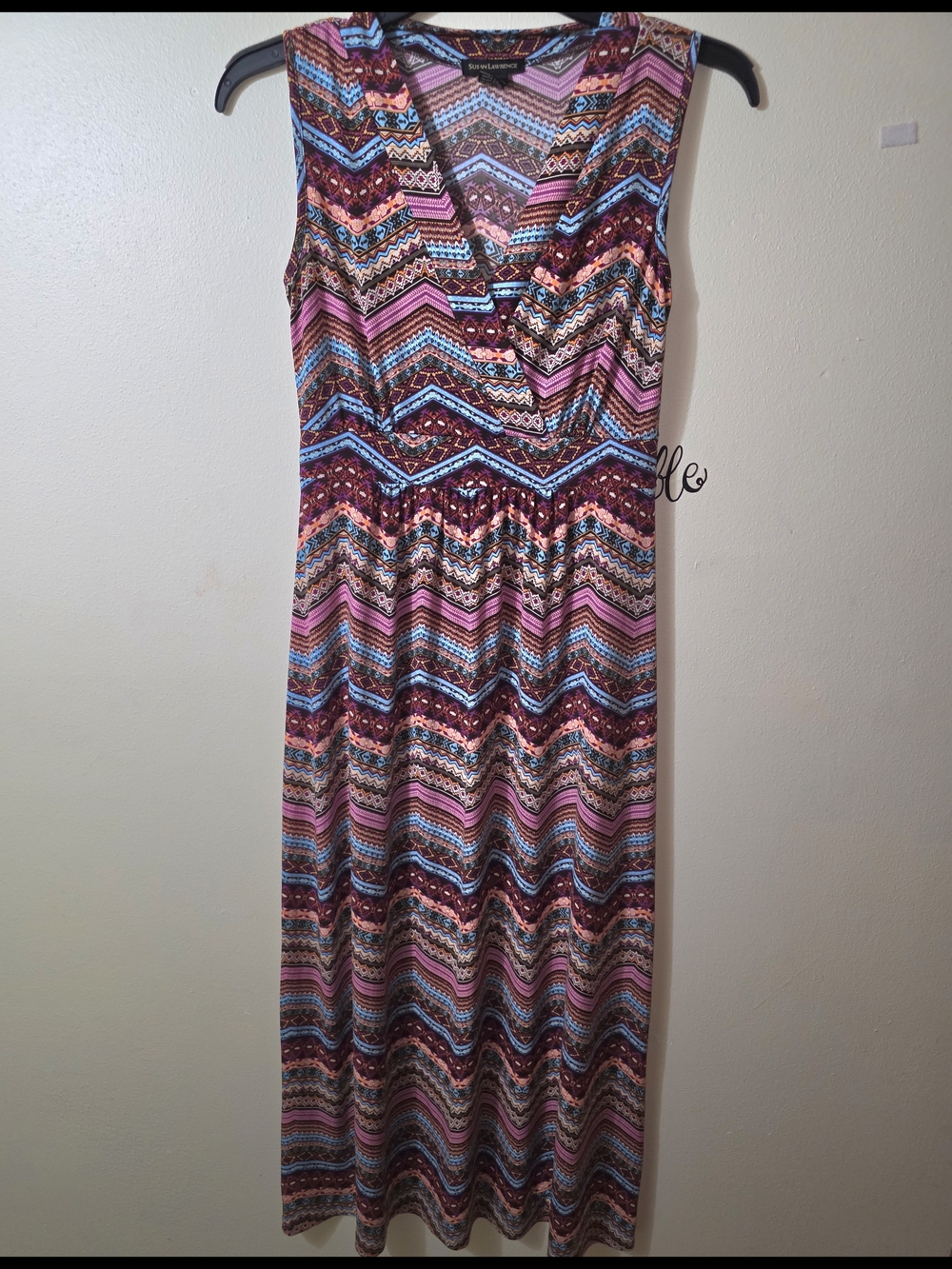 Susan Lawrence Sleeveless Chevron Maxi Dress in Pink, Blue and Brown